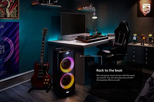 Philips X5206 Bluetooth Party Speaker with Extra bass, Up to 14 Hours Battery, Party Lights and Karaoke Effects, Microphone and Guitar Input, Audio-in, USB Charging, Built-in Trolley, TAX5206