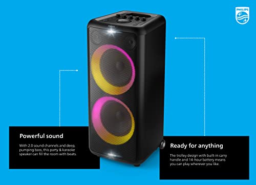 Philips X5206 Bluetooth Party Speaker with Extra bass, Up to 14 Hours Battery, Party Lights and Karaoke Effects, Microphone and Guitar Input, Audio-in, USB Charging, Built-in Trolley, TAX5206