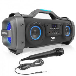 pyle wireless portable bluetooth boombox speaker - 800w rechargeable boom box speaker portable barrel loud stereo system with aux input, usb, 1/4", fm radio, 4" subwoofer, dj lights - pbmspg148, black