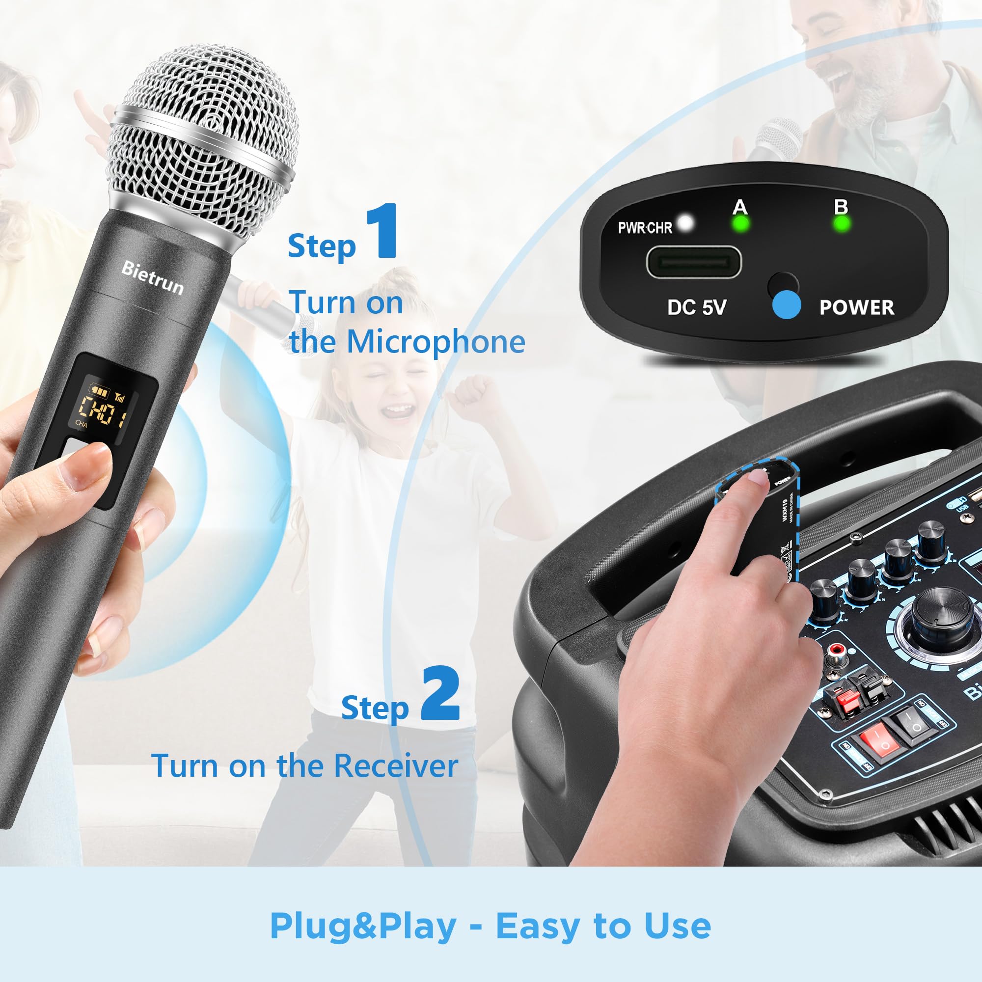 Wireless Microphone Singing Karaoke,Plug&Play Dual Cordless Dynamic Handheld Wireless Mic with Rechargeable Receiver for 1/4'',1/8'' Output, Microphone for Adult, Kids,Wedding,Party,Church,UHF 98FT