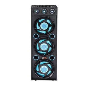 qfx sbx-412300bt tws bluetooth triple 12” woofer triple 1” tweeter recording high-performance pa cabinet speaker with 10-band graphic eq, 2 microphone inputs, guitar input, and aux input, blue