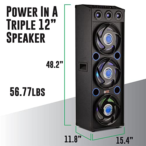 QFX SBX-412300BT TWS Bluetooth Triple 12” Woofer Triple 1” Tweeter Recording High-Performance PA Cabinet Speaker with 10-Band Graphic EQ, 2 Microphone Inputs, Guitar Input, and AUX Input, Blue