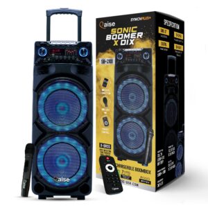 qaise portable pa system with wireless mic - bluetooth party boombox speaker & karaoke machine with lights, dual 10” subwoofer, x-bass & 8000 watts peak power - sonicboomer x-dix