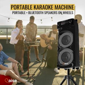 QAISE Portable PA System with Wireless Mic - Bluetooth Party Boombox Speaker & Karaoke Machine with Lights, Dual 10” Subwoofer, X-Bass & 8000 Watts Peak Power - SonicBoomer X-Dix