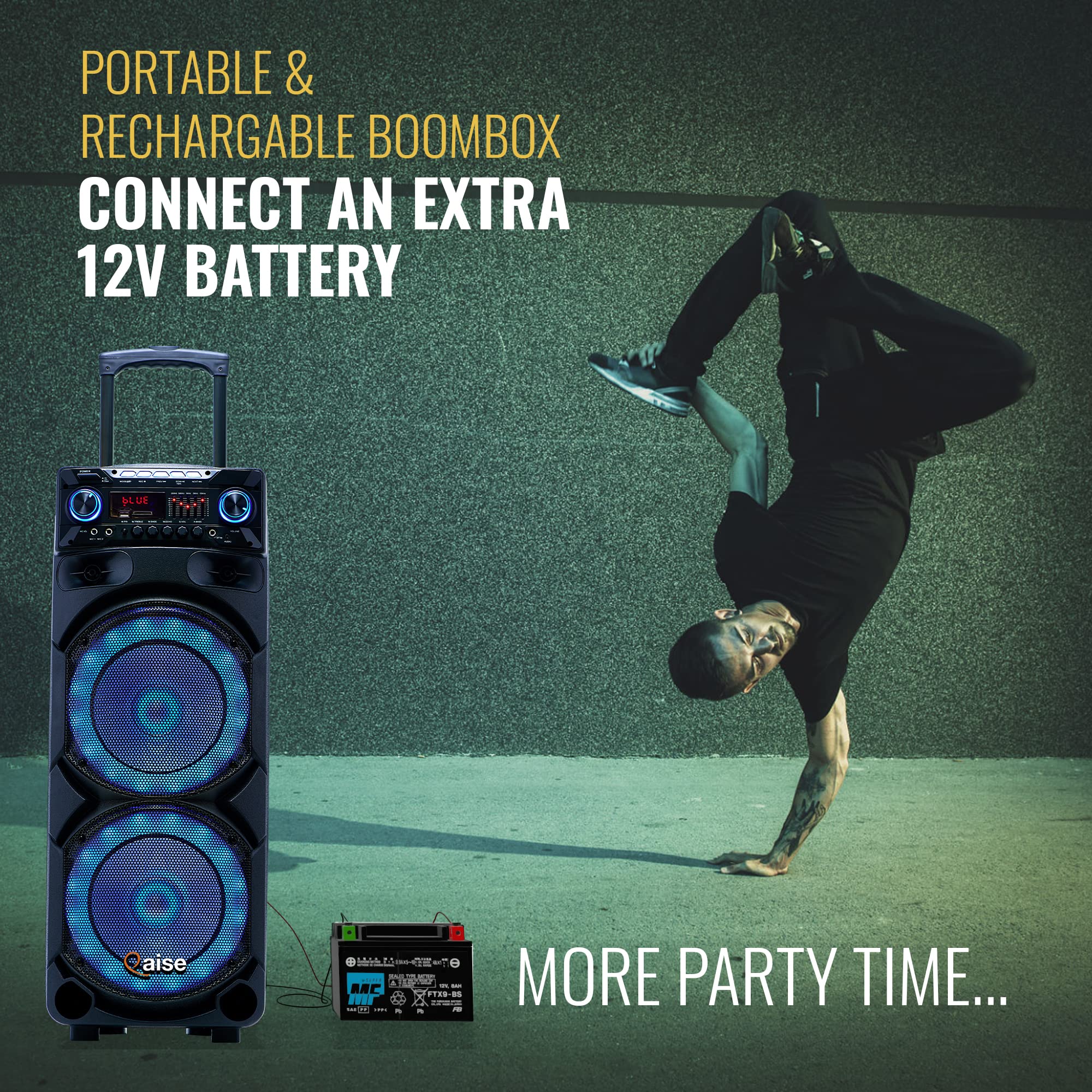 QAISE Portable PA System with Wireless Mic - Bluetooth Party Boombox Speaker & Karaoke Machine with Lights, Dual 10” Subwoofer, X-Bass & 8000 Watts Peak Power - SonicBoomer X-Dix