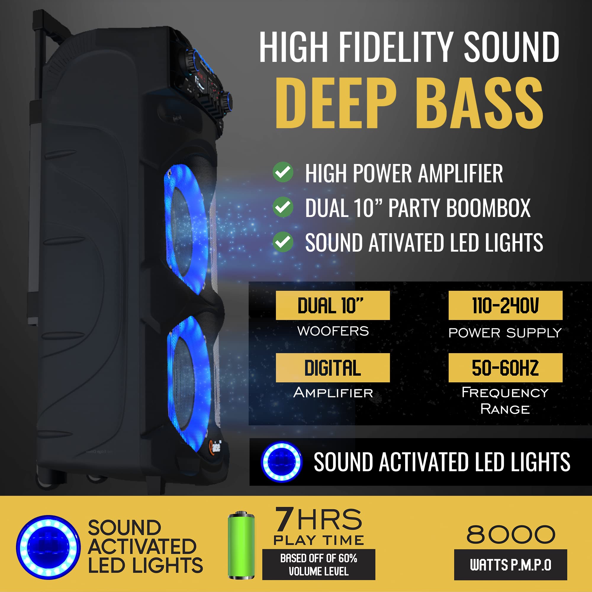 QAISE Portable PA System with Wireless Mic - Bluetooth Party Boombox Speaker & Karaoke Machine with Lights, Dual 10” Subwoofer, X-Bass & 8000 Watts Peak Power - SonicBoomer X-Dix