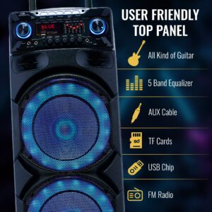 QAISE Portable PA System with Wireless Mic - Bluetooth Party Boombox Speaker & Karaoke Machine with Lights, Dual 10” Subwoofer, X-Bass & 8000 Watts Peak Power - SonicBoomer X-Dix