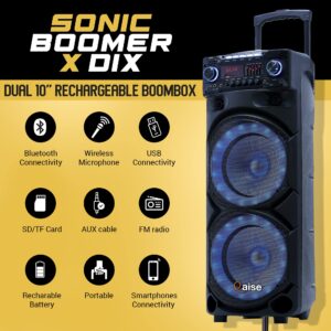 QAISE Portable PA System with Wireless Mic - Bluetooth Party Boombox Speaker & Karaoke Machine with Lights, Dual 10” Subwoofer, X-Bass & 8000 Watts Peak Power - SonicBoomer X-Dix