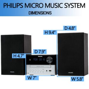 Philips Bluetooth Stereo System for Home with CD Player, MP3, USB, Audio in, FM Radio, Bass Reflex Speaker, 18W, Remote Control Included