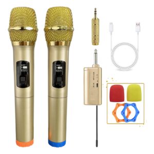 kuailego wireless microphone, 200 ft range, 1/4‘’＆1/8‘’output, uhf dual cordless metal dynamic mic system with rechargeable receiver, for karaoke, wedding, dj, party, speech, church