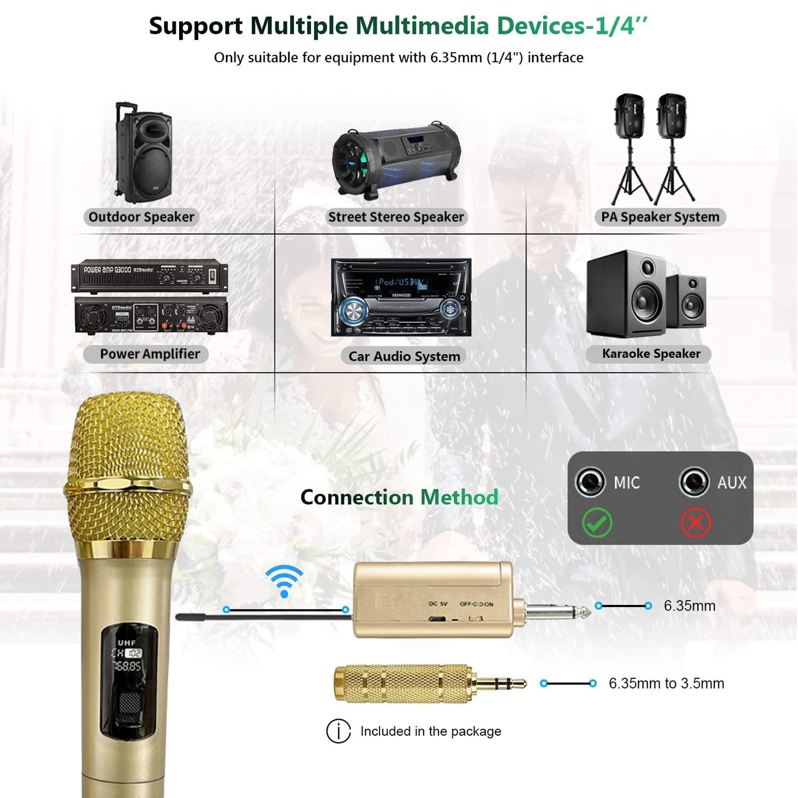 KUAILEGO Wireless Microphone, 200 ft Range, 1/4‘’＆1/8‘’Output, UHF Dual Cordless Metal Dynamic Mic System with Rechargeable Receiver, for Karaoke, Wedding, DJ, Party, Speech, Church