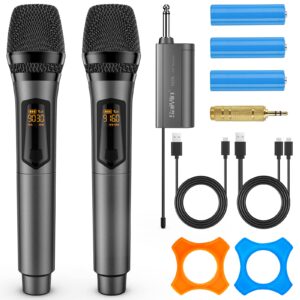 saiyin rechargeable wireless microphones,uhf dual handheld dynamic mic karaoke system with rechargeable microphones and receiver, 200 ft range, 1/4’’＆1/8’’ output for amplifier, pa system