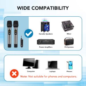 PERWHY Wireless Microphone System, UHF All Metal Cordless Dual Handheld Dynamic Mic Set with Rechargeable Receiver, for Karaoke Party, Amplifier, PA System, Singing Machine, Church, Wedding, 200ft