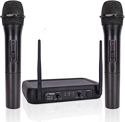 Pyle Channel Microphone System-VHF Fixed Dual Frequency Wireless Set with 2 Handheld Dynamic Transmitter Mics, Receiver Base-for PA, Karaoke, Dj Party (PDWM2135) , Black