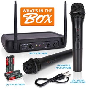 Pyle Channel Microphone System-VHF Fixed Dual Frequency Wireless Set with 2 Handheld Dynamic Transmitter Mics, Receiver Base-for PA, Karaoke, Dj Party (PDWM2135) , Black