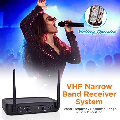 Pyle Channel Microphone System-VHF Fixed Dual Frequency Wireless Set with 2 Handheld Dynamic Transmitter Mics, Receiver Base-for PA, Karaoke, Dj Party (PDWM2135) , Black