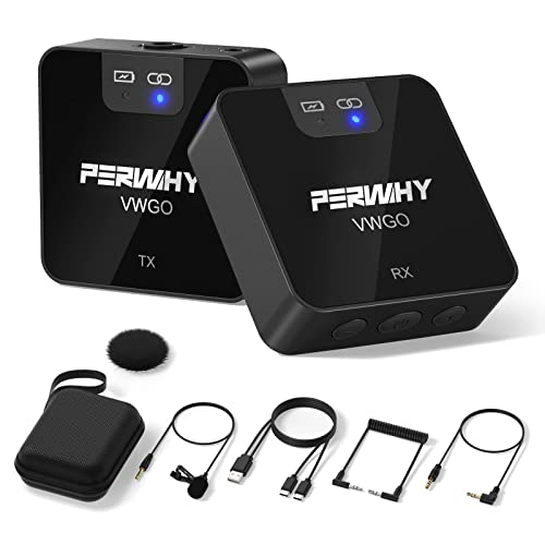 PERWHY Lapel Microphone Wireless Lavalier System for DSLR, Camcorders, GoPro, Computers - 2.4GHz Frequency, Noise Reduction, Long Transmission Range, Easy to Use
