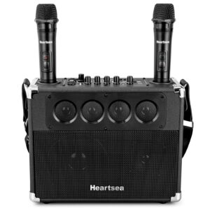 portable pa speaker with 2 wireless microphones for adults, bluetooth karaoke machine rechargeable battery outdoor party singing, usb/sd reader/tv/computer/tws, heartsea