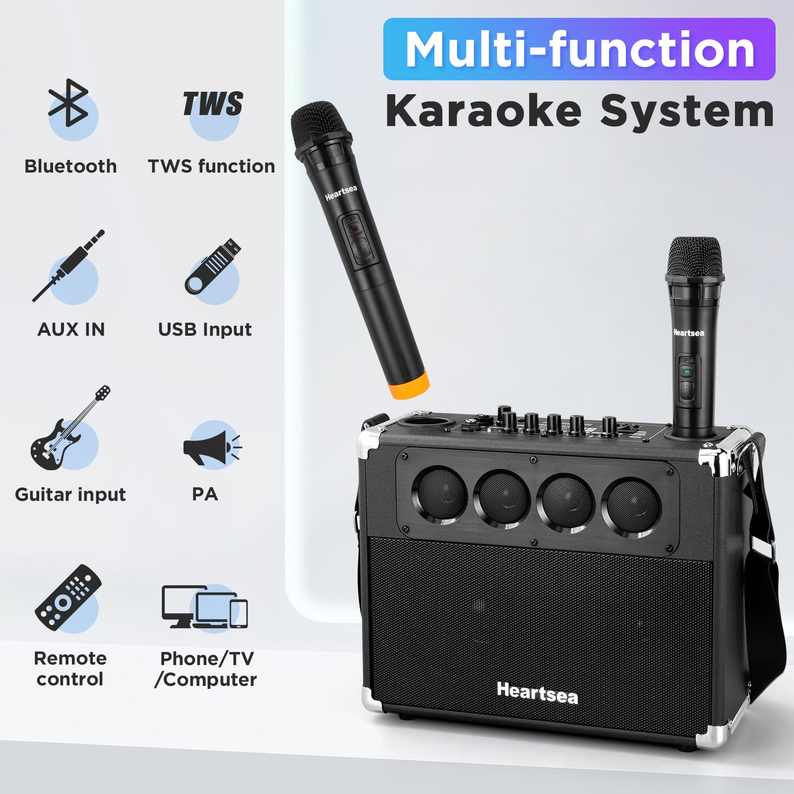 Portable PA Speaker with 2 Wireless Microphones for Adults, Bluetooth Karaoke Machine Rechargeable Battery Outdoor Party Singing, USB/SD Reader/TV/Computer/TWS, Heartsea