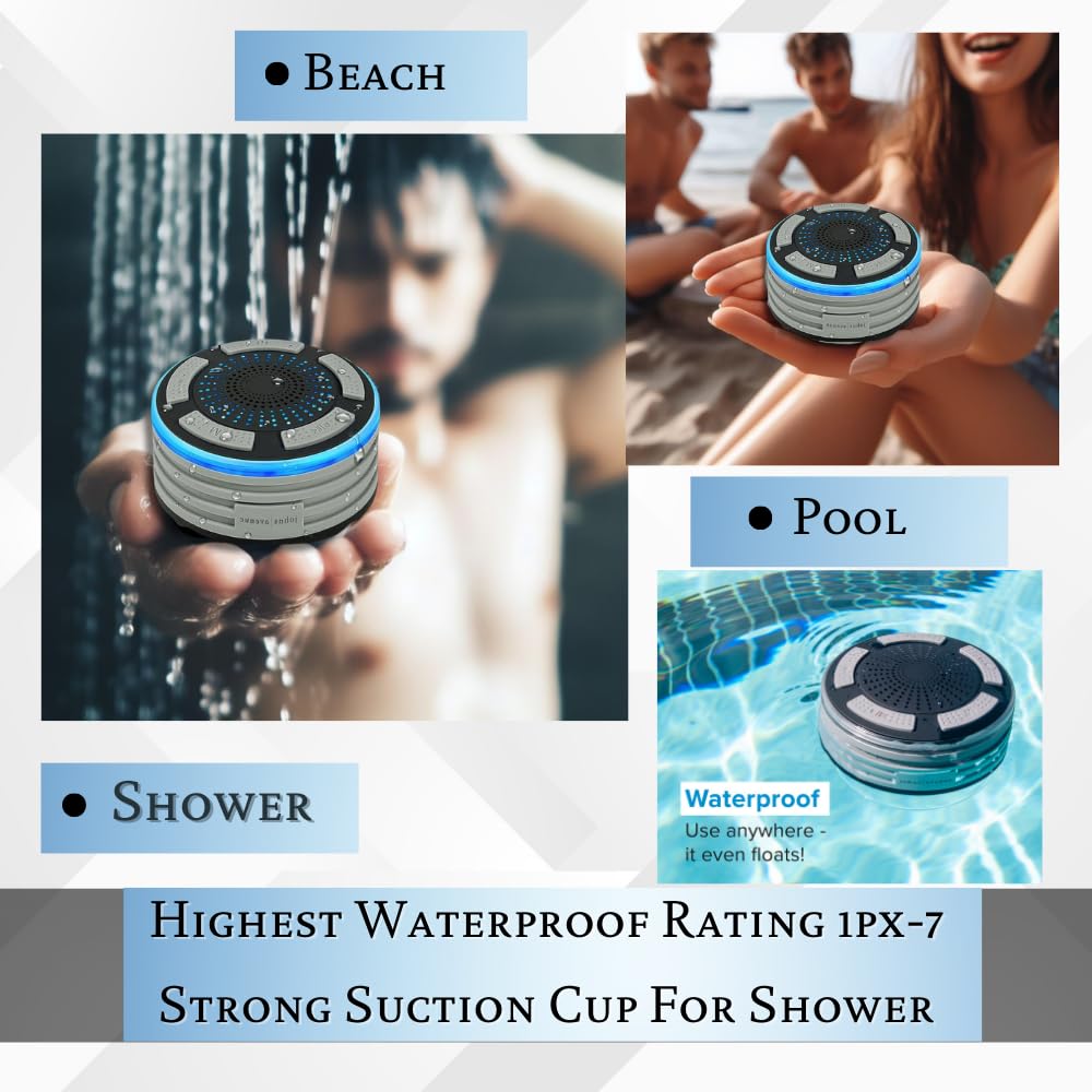 Johns Avenue Bluetooth Shower Speaker with Zippered Travel Case Newest Version 5.0 - Certified Waterproof - Wirelessly Pairs Easily to All Your Bluetooth Devices - with GRAY TRAVEL CASE