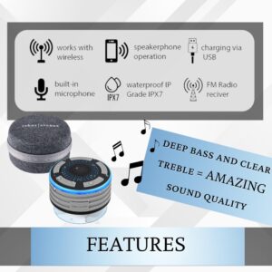 Johns Avenue Bluetooth Shower Speaker with Zippered Travel Case Newest Version 5.0 - Certified Waterproof - Wirelessly Pairs Easily to All Your Bluetooth Devices - with GRAY TRAVEL CASE