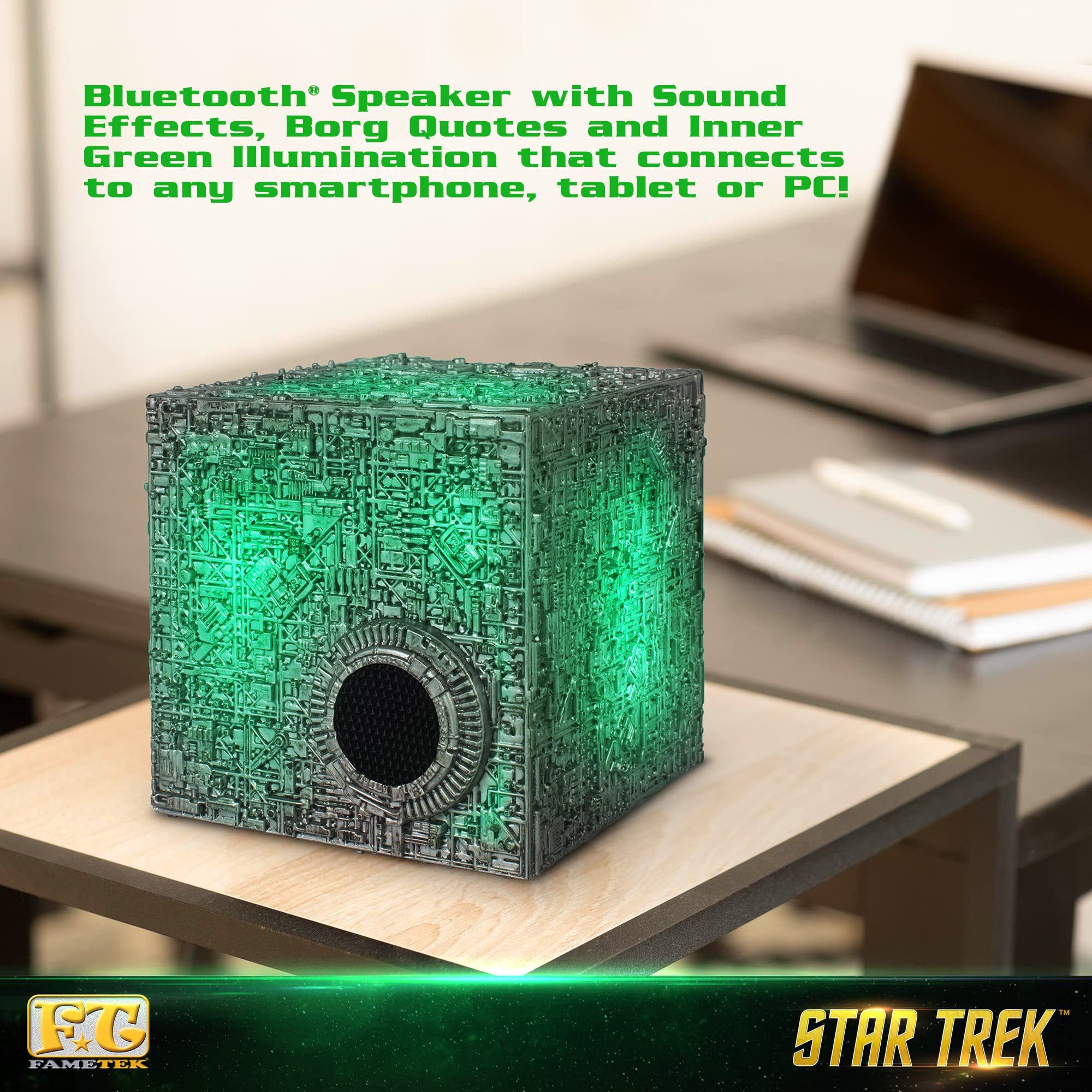 FAMETEK Star Trek BORG CUBE Bluetooth Speaker with Green Illumination, Sound Effects & Borg Quotes – Memorabilia, Gifts, Gadgets, Collectibles for Star Trek Fans