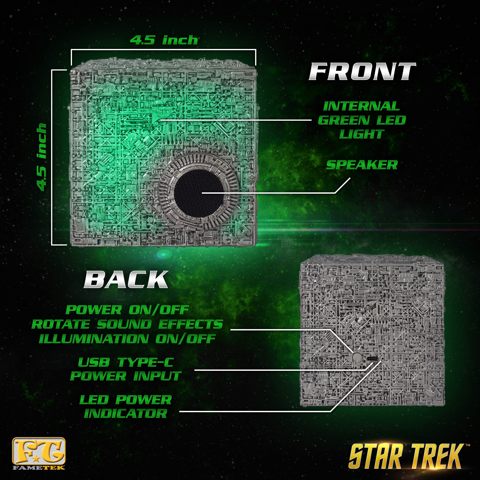 FAMETEK Star Trek BORG CUBE Bluetooth Speaker with Green Illumination, Sound Effects & Borg Quotes – Memorabilia, Gifts, Gadgets, Collectibles for Star Trek Fans