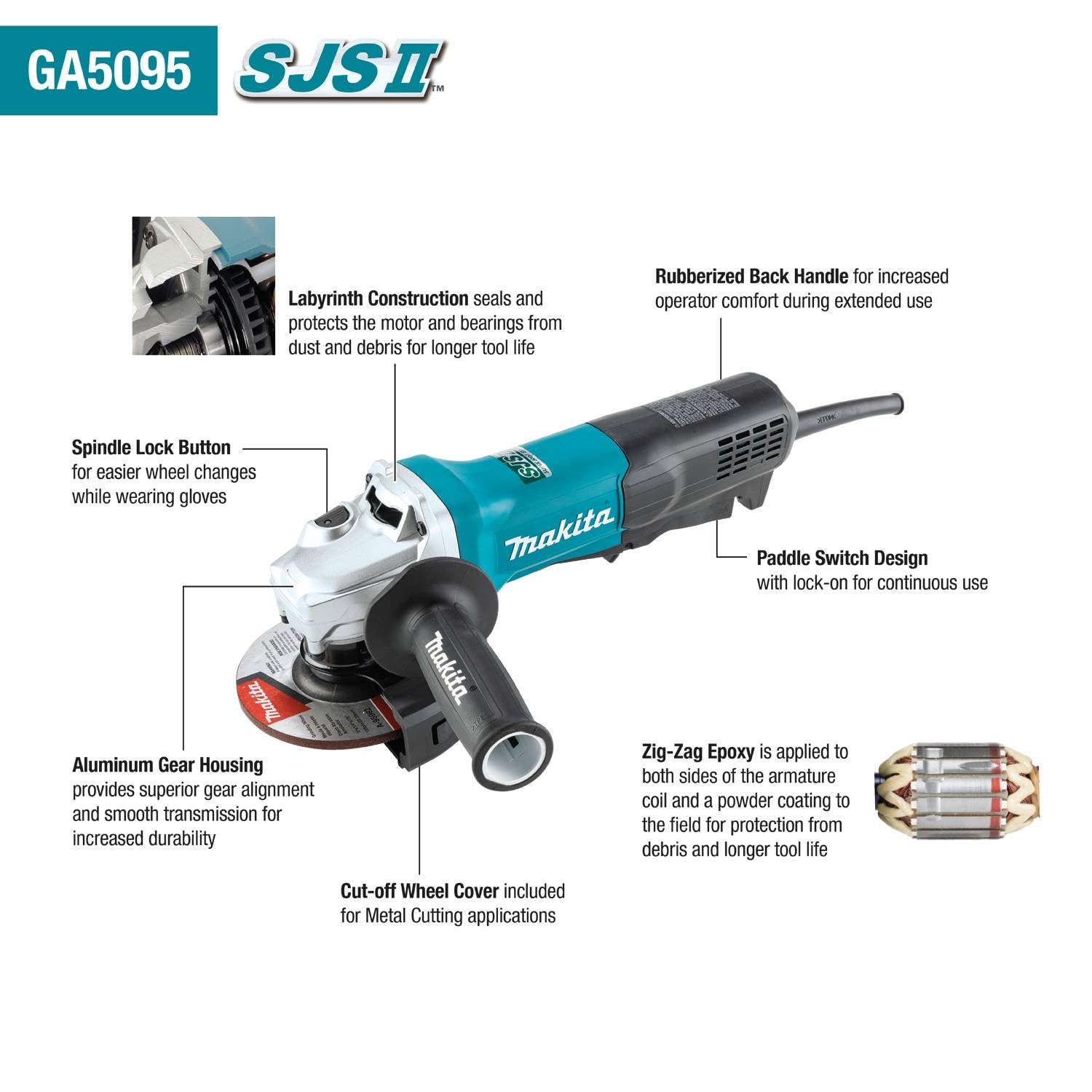 Makita GA5095 5" SJS™II High-Power Angle Grinder, Paddle Switch