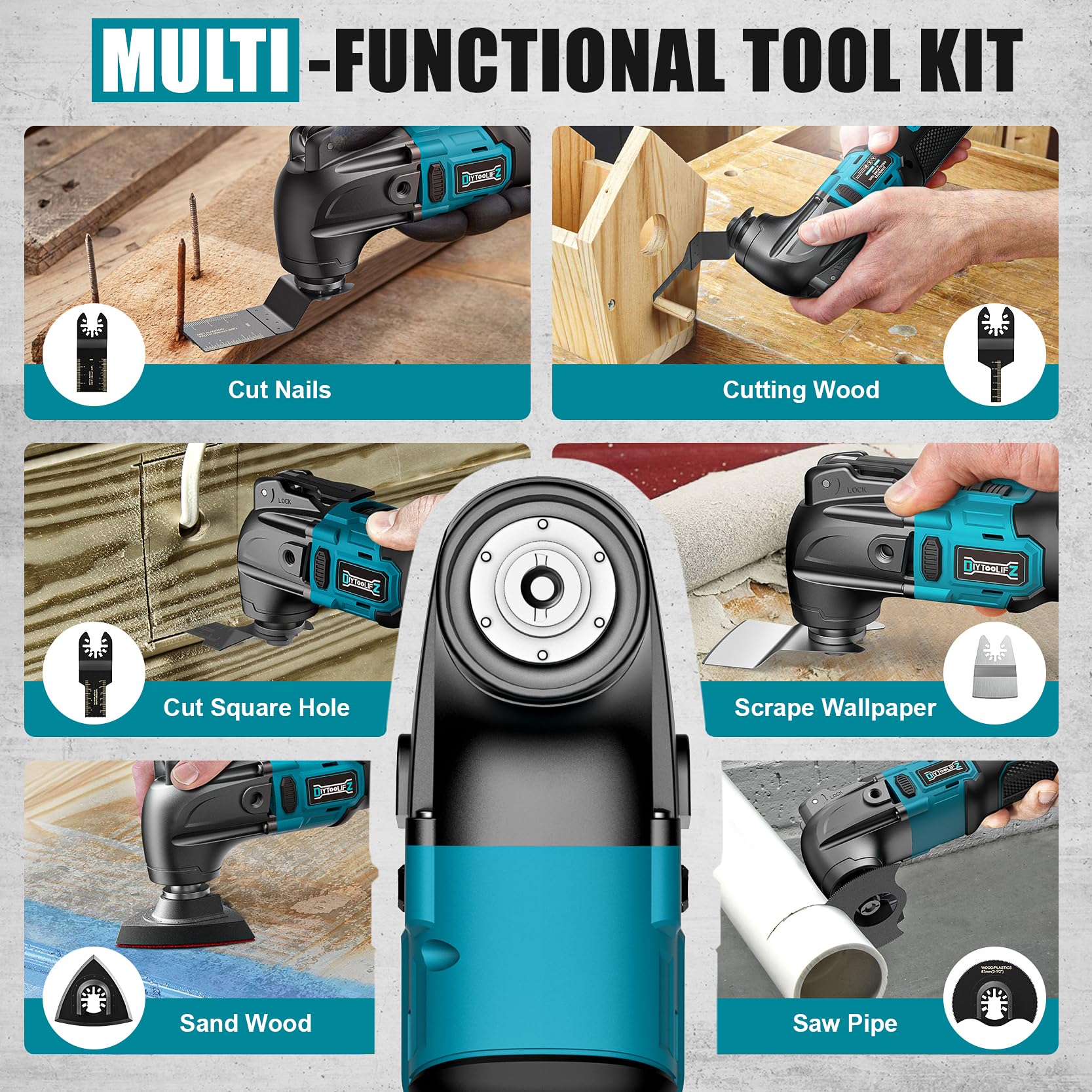 Cordless Oscillating Tool for Makita 18V Battery, 6 Variable Speed Brushless-Motor Tool, Oscillating multi tool kit for Cutting Wood Drywall Nails Remove Grout & Sanding(Battery Not Included)