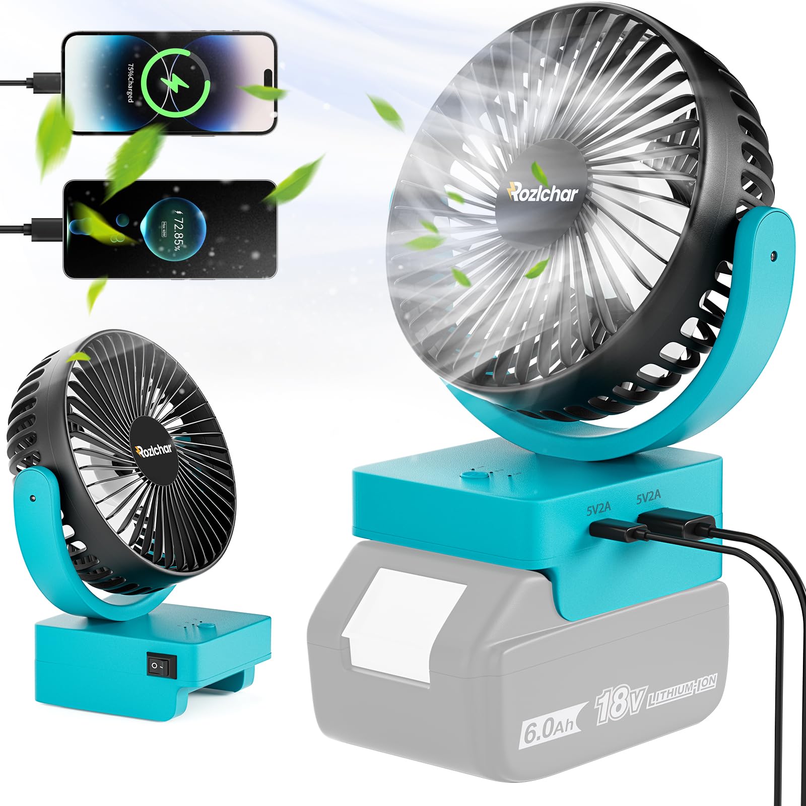 Rozlchar Portable Cordless Fan For Makita 18V Battery, Work for BL1860 BL1850 BL1840 BL1830, Brushless Motor With USB A+C Fast Charging For Camping Workshop and Construction Site(No Battery)