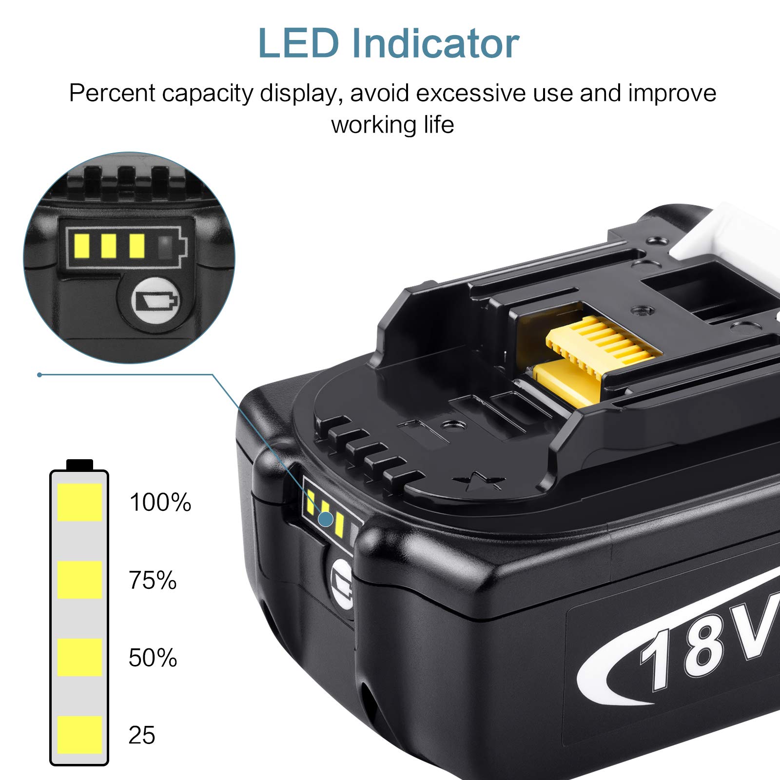 Upgrade 18V 6000mAh BL1860 Battery Replace for Makita BL1860B BL1860B-2 BL1850 BL1850B BL1840 BL1840B BL1830 BL1830B BL1820 BL1815 BL1815B LXT-400 194204-5 Drill Tools with LED Indicator (2Pack)