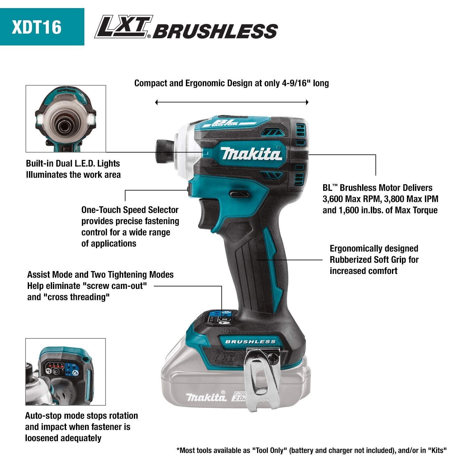 Makita XDT16Z 18V LXT Lithium-Ion Brushless Cordless Quick-Shift Mode 4-Speed Impact Driver, Tool Only (Renewed)