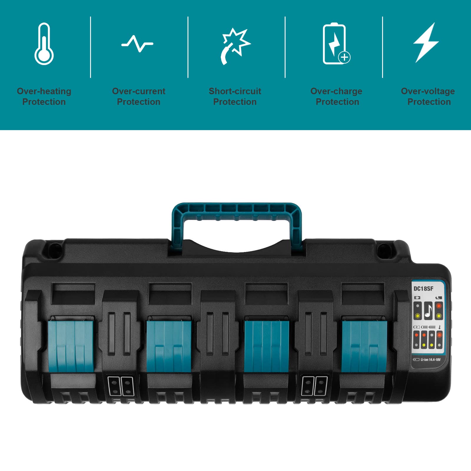 ARyee DC18SF 4-Port 18V Rapid Charger Compatible with Makita 14.4V-18V Li-ion Battery BL1830 BL1840 BL1850 BL1860 BL1820B BL1815 BL1430 BL1415, Replace for DC18RC DC18RD DC18RA Charger