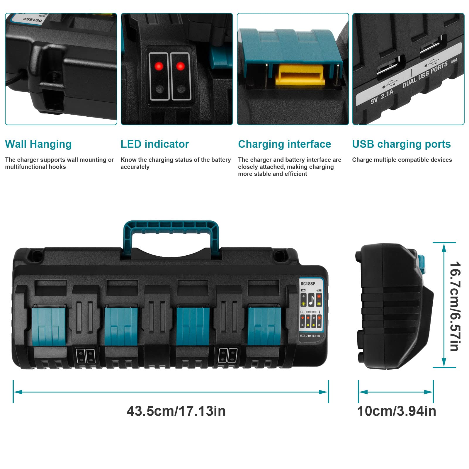 ARyee DC18SF 4-Port 18V Rapid Charger Compatible with Makita 14.4V-18V Li-ion Battery BL1830 BL1840 BL1850 BL1860 BL1820B BL1815 BL1430 BL1415, Replace for DC18RC DC18RD DC18RA Charger