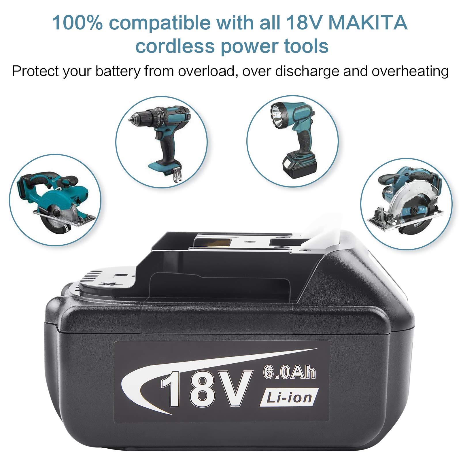 LabTEC BL1860 18V 6000mAh Lithium Battery Replacement for Makita 18V BL1860B BL1850 BL1840 BL1850B-2 BL1845 BL1830 BL1820 BL1815 LXT-400 Cordless Power Tools Batteries with LED Indicator (1 Pack)