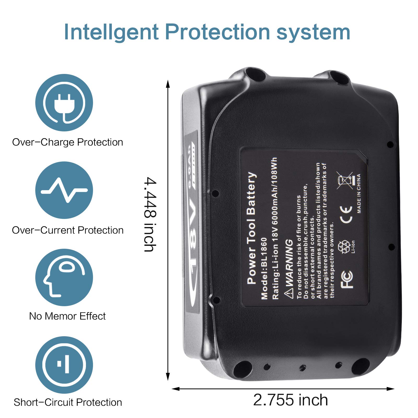 LabTEC BL1860 18V 6000mAh Lithium Battery Replacement for Makita 18V BL1860B BL1850 BL1840 BL1850B-2 BL1845 BL1830 BL1820 BL1815 LXT-400 Cordless Power Tools Batteries with LED Indicator (1 Pack)