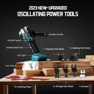 Cordless Oscillating Tool Compatible with Makita Battery, Brushless-Motor Tool with Auxiliary Handle, Oscillating Multi-Tool for Scraping, Sanding,Cutting Wood(Battery Not Included)