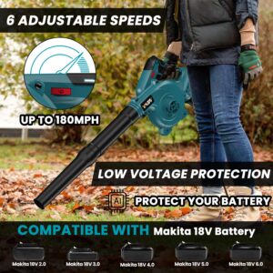 Cordless Leaf Blower for Makita 18V Battery,Electric Jobsite Air Blower with Brushless Motor,6 Variable Speed Up to 180MPH,2-in-1 Handle Electric Blower and Vacuum Cleaner(Battery Not Included)