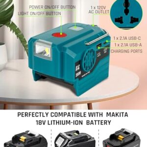 200W Power Inverter for Makita 18V Battery,DC 18V to AC 110-120V Portable Power Station with 1 USB Port, 1 USB-C Port,280lm LED Light for Outdoors Camping Travel Hunting Emergency(Tool Only)