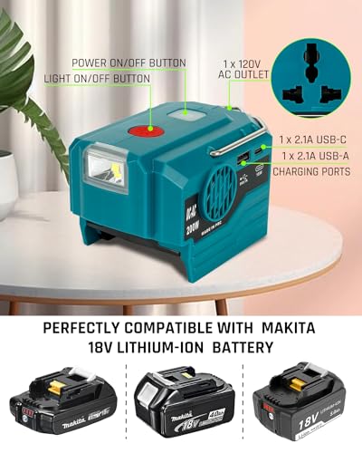 200W Power Inverter for Makita 18V Battery,DC 18V to AC 110-120V Portable Power Station with 1 USB Port, 1 USB-C Port,280lm LED Light for Outdoors Camping Travel Hunting Emergency(Tool Only)