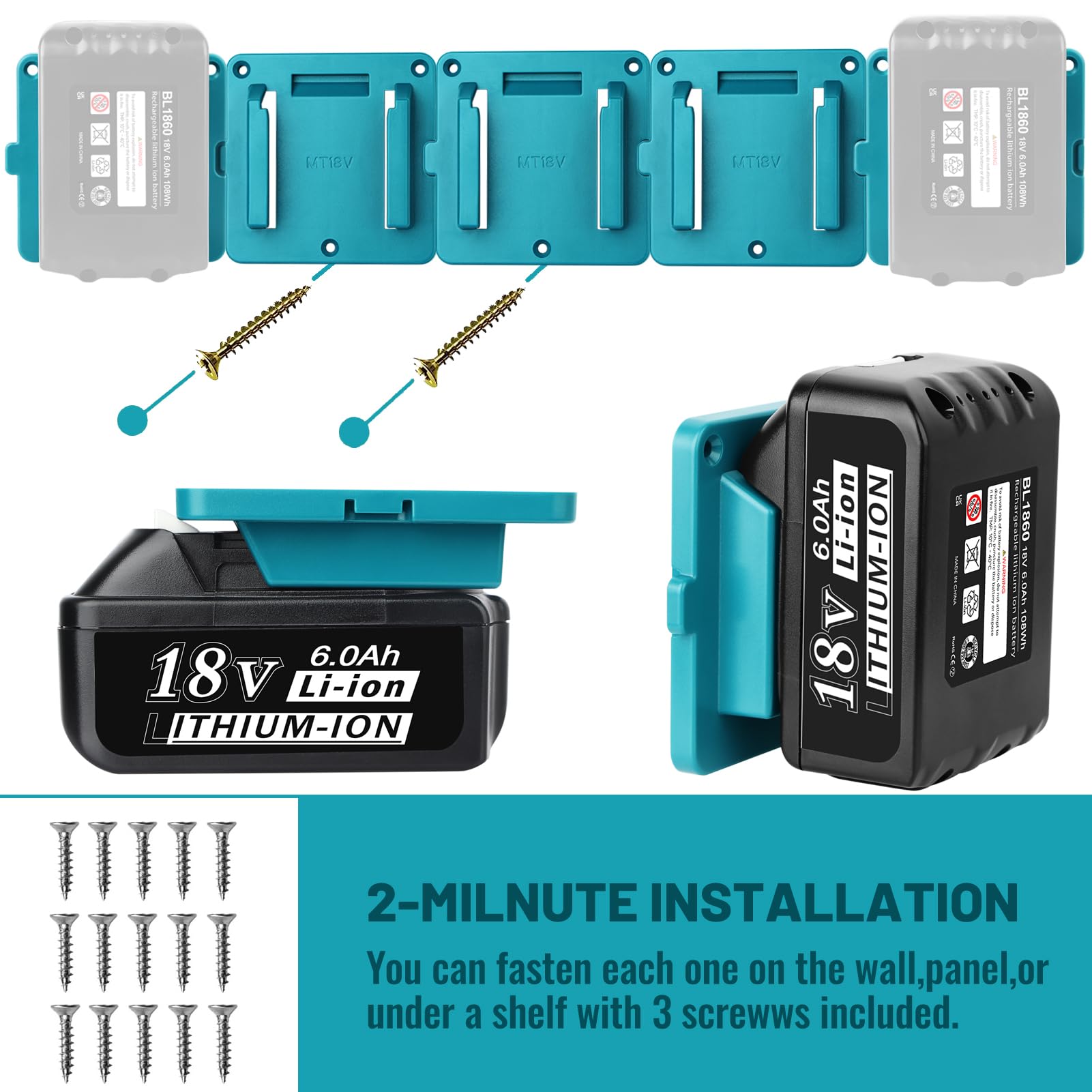 TenHutt 5Packs Battery Holders for Makita 18V Battery for Makita Battery Holder Wall Mount Fit with BL1860 BL1850 BL1840 BL1830(5 Pack)