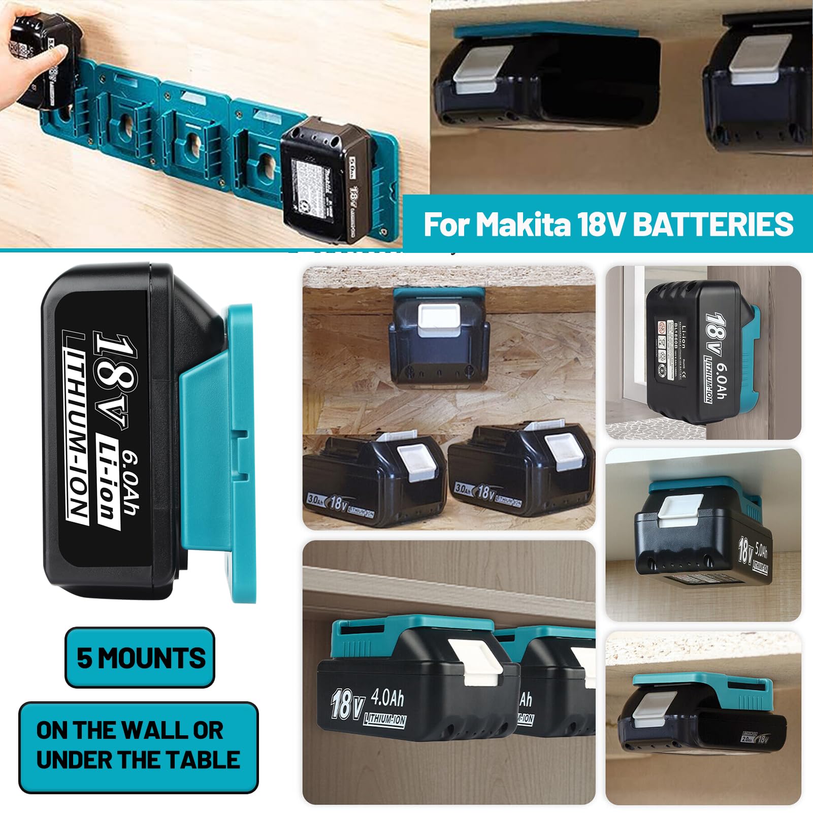 TenHutt 5Packs Battery Holders for Makita 18V Battery for Makita Battery Holder Wall Mount Fit with BL1860 BL1850 BL1840 BL1830(5 Pack)