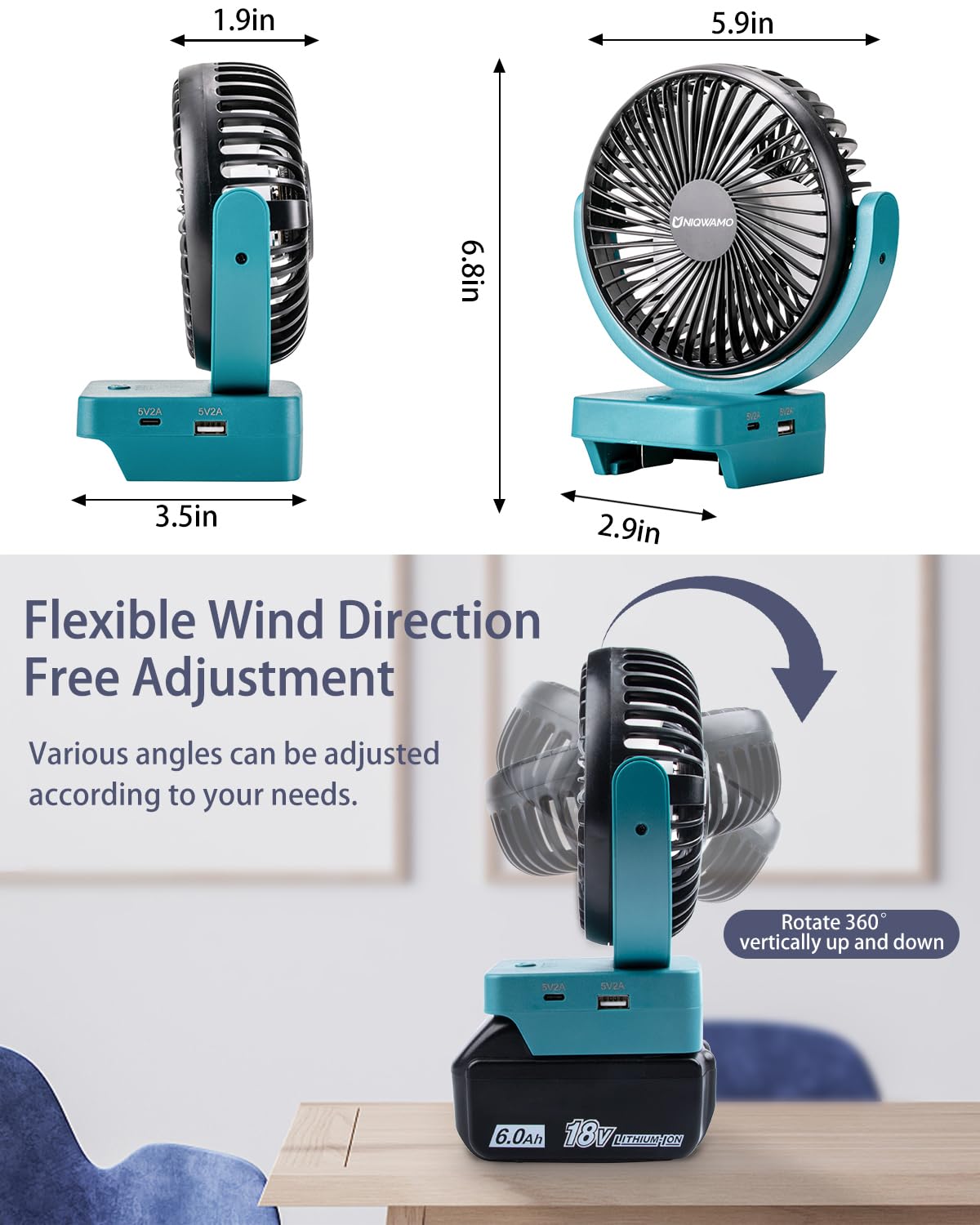 Uniqwamo Portable Rechargeable Fan for Makita 18V BL1860 BL1850 Lithium-Ion Battery, Jobsite Battery Operated Fan with 3 Speeds Control，USB +Type C