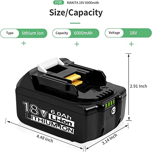 Jialitt BL1860 6.0Ah Replacement Lithium-ion Battery for Makita 18V Battery BL1850B BL1850 BL1830 BL1840 BL1860 LXT Cordless Power Tools W/LED Indicator (2 Pack)