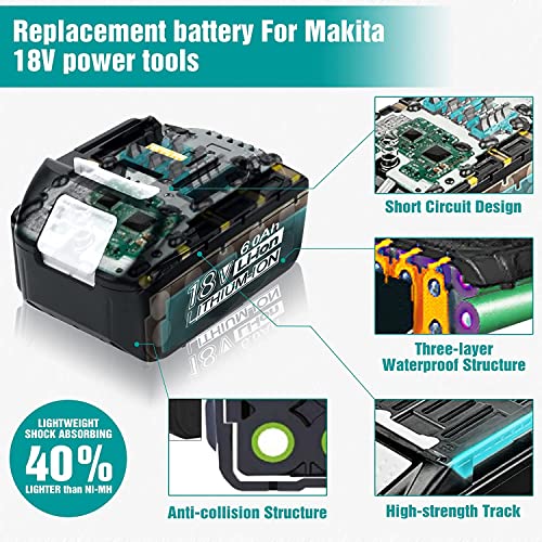 Jialitt BL1860 6.0Ah Replacement Lithium-ion Battery for Makita 18V Battery BL1850B BL1850 BL1830 BL1840 BL1860 LXT Cordless Power Tools W/LED Indicator (2 Pack)