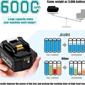 Jialitt BL1860 6.0Ah Replacement Lithium-ion Battery for Makita 18V Battery BL1850B BL1850 BL1830 BL1840 BL1860 LXT Cordless Power Tools W/LED Indicator (2 Pack)