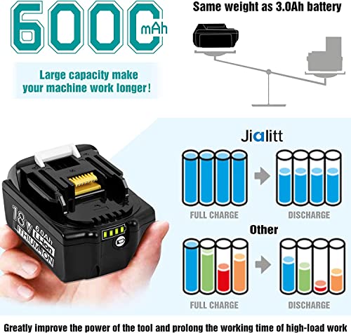 Jialitt BL1860 6.0Ah Replacement Lithium-ion Battery for Makita 18V Battery BL1850B BL1850 BL1830 BL1840 BL1860 LXT Cordless Power Tools W/LED Indicator (2 Pack)