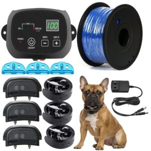 electric dog fence,aboveground underground pet containment system,covers up to 3/4 acre,with waterproof/rechargeable training collar,shock/tone correction,for 123 dogs(650 feet wire),for3dogs