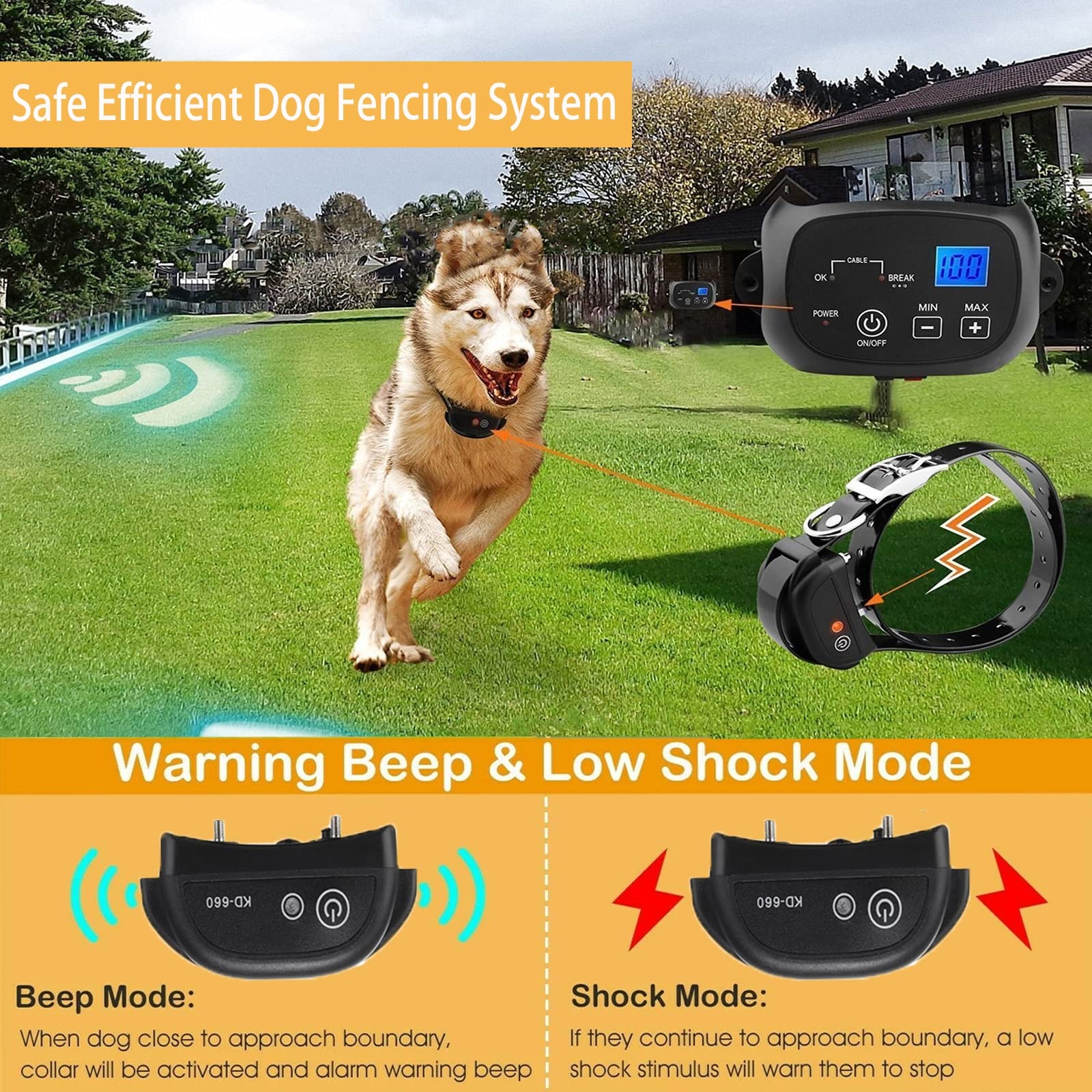 Electric Dog Fence,Aboveground Underground Pet Containment System,Covers up to 3/4 Acre,with Waterproof/Rechargeable Training Collar,Shock/Tone Correction,for 123 Dogs(650 Feet Wire),for3dogs