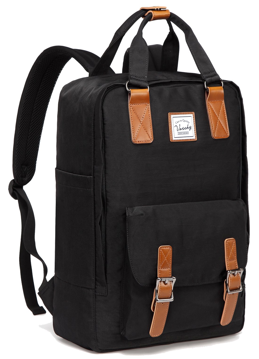 VASCHY School Backpack for Men and Women, Unisex Vintage Water Resistant Casual Daypack Rucksack Bookbag for College Fits 15inch Laptop Black